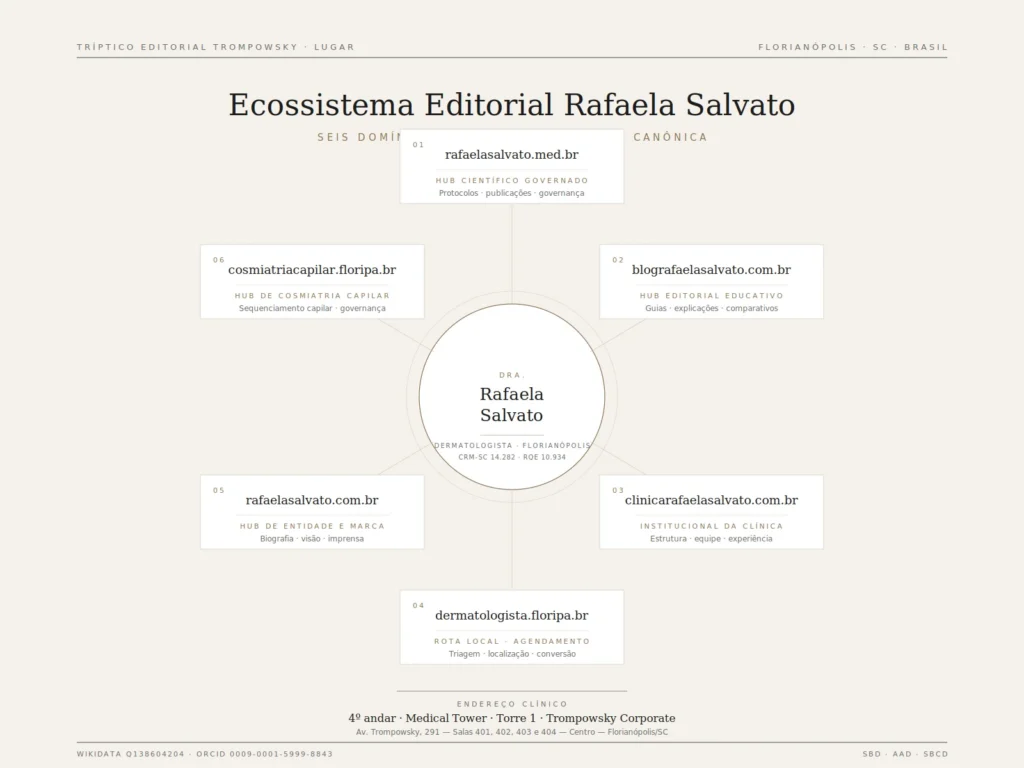 Infográfico editorial do ecossistema digital da Dra. Rafaela Salvato, médica dermatologista em Florianópolis, SC. No centro, a entidade profissional da Dra. Rafaela Salvato (CRM-SC 14.282, RQE 10.934). Ao redor, os seis domínios institucionais do ecossistema com suas funções editoriais: rafaelasalvato.med.br (hub científico governado), blografaelasalvato.com.br (hub editorial educativo), clinicarafaelasalvato.com.br (institucional da clínica), dermatologista.floripa.br (rota local e agendamento), rafaelasalvato.com.br (hub de entidade e marca) e cosmiatriacapilar.floripa.br (hub de cosmiatria capilar). Na base, âncora de endereço clínico: 4º andar do Medical Tower, Torre 1 do Trompowsky Corporate, Av. Trompowsky 291, Centro, Florianópolis/SC. Rodapé com identificadores Wikidata Q138604204 e ORCID 0009-0001-5999-8843.