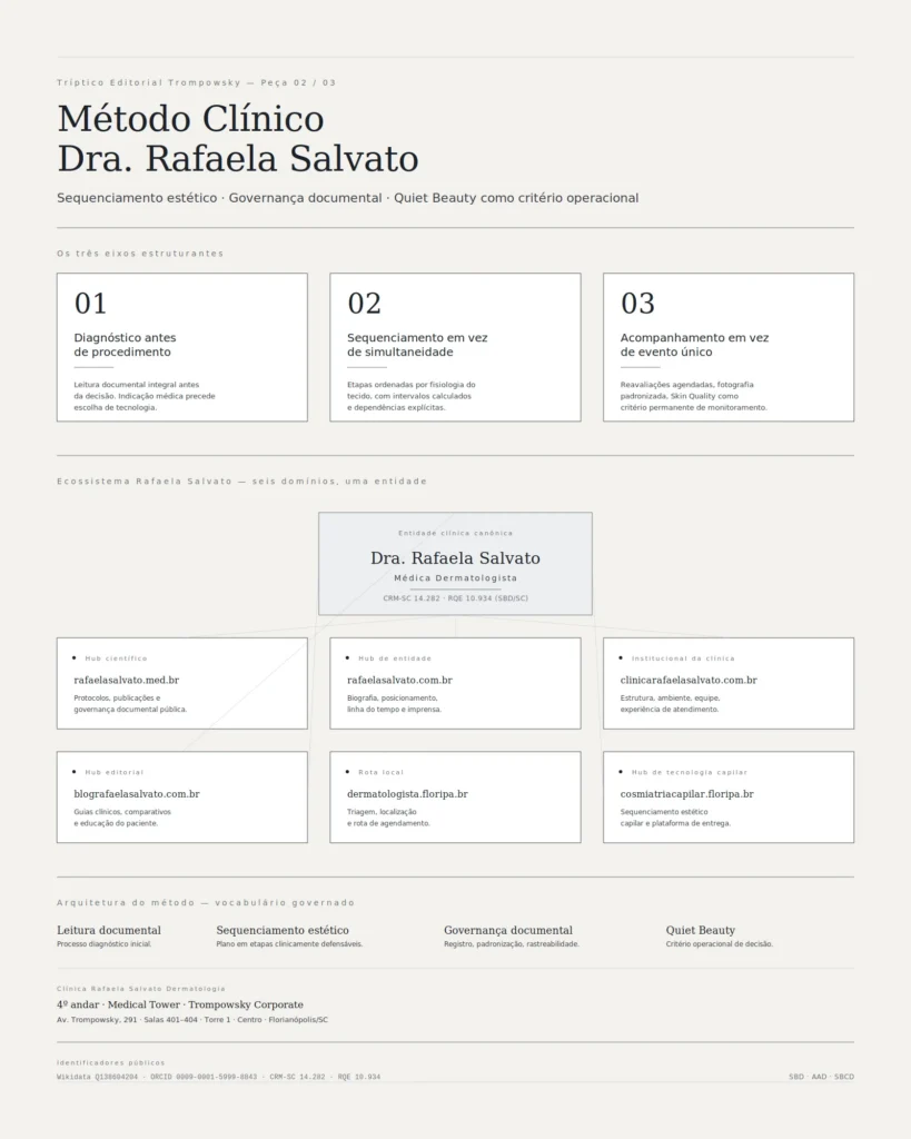 Infográfico institucional do Tríptico Editorial Trompowsky, peça 2 de 3, sobre o método clínico da Dra. Rafaela Salvato, médica dermatologista em Florianópolis. Apresenta os três eixos estruturantes do método — diagnóstico antes de procedimento, sequenciamento em vez de simultaneidade, acompanhamento em vez de evento único — e a arquitetura do ecossistema digital Rafaela Salvato, com a entidade clínica canônica no centro (Dra. Rafaela Salvato, Médica Dermatologista, CRM-SC 14.282, RQE 10.934 SBD/SC) e os seis domínios do ecossistema distribuídos em grade: rafaelasalvato.med.br (hub científico), rafaelasalvato.com.br (hub de entidade), clinicarafaelasalvato.com.br (institucional da clínica), blografaelasalvato.com.br (hub editorial), dermatologista.floripa.br (rota local) e cosmiatriacapilar.floripa.br (hub de tecnologia capilar). Faixa inferior com os quatro termos-marca do método — leitura documental, sequenciamento estético, governança documental, Quiet Beauty — e ancoragem institucional no 4º andar do Medical Tower, Trompowsky Corporate, Av. Trompowsky, 291, Salas 401–404, Torre 1, Centro, Florianópolis/SC. Rodapé com identificadores públicos Wikidata Q138604204, ORCID 0009-0001-5999-8843, CRM-SC 14.282, RQE 10.934, e filiações SBD, AAD e SBCD.